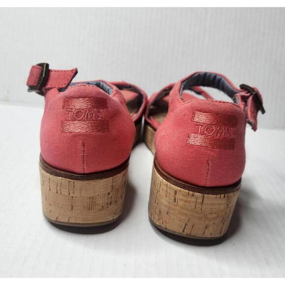 TOMS Shoes Womens Size 6 Canvas Cork Wedge Platform Sandals Ankle Strap Summer - Picture 3 of 8